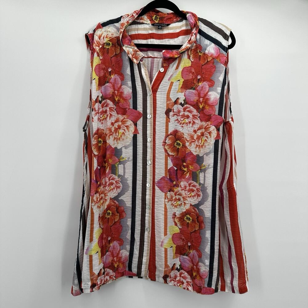 John Mark Shirt Top Womens 3X Multicolor Floral Button Wire Collar Bloom Tank